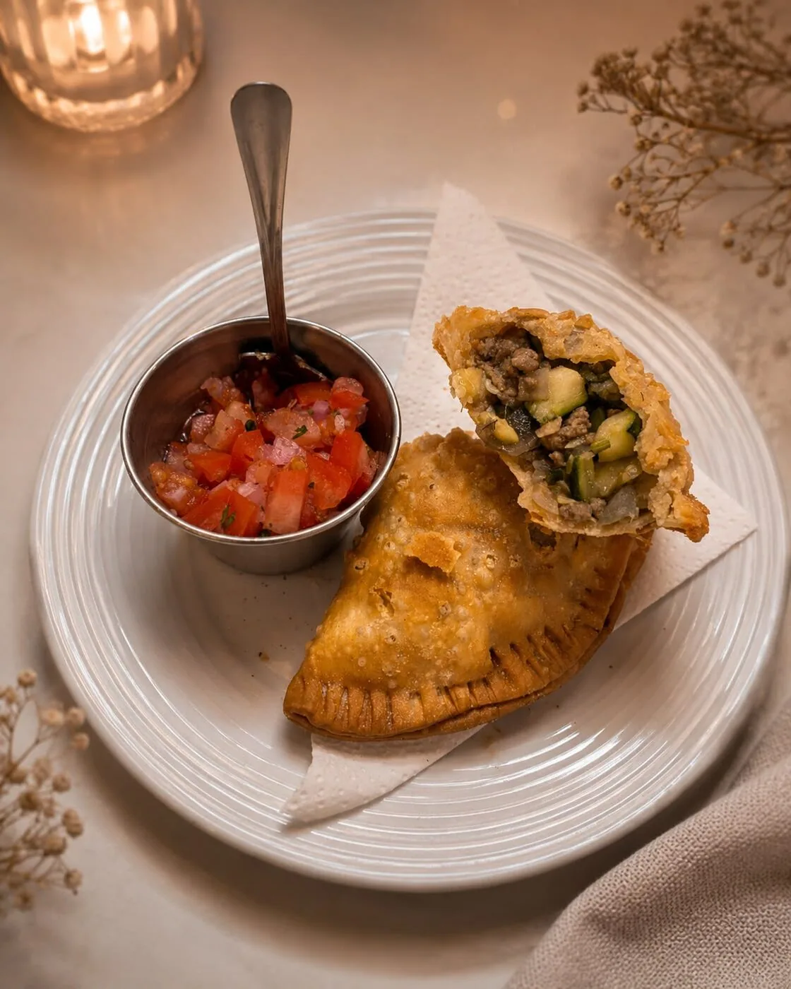 A crisp empanada cut open, served with tomato salsa