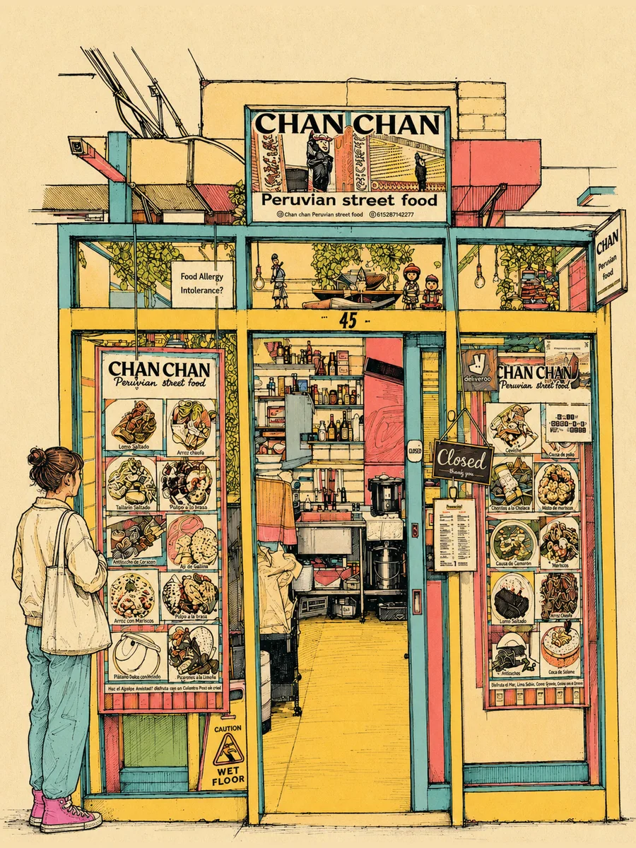 Illustrated shopfront of Chan Chan Peruvian street food, Unit 45 at Rye Lane Market