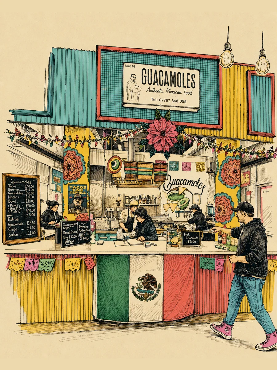 Illustrated shopfront of Guacamoles, Unit 61 at Rye Lane Market