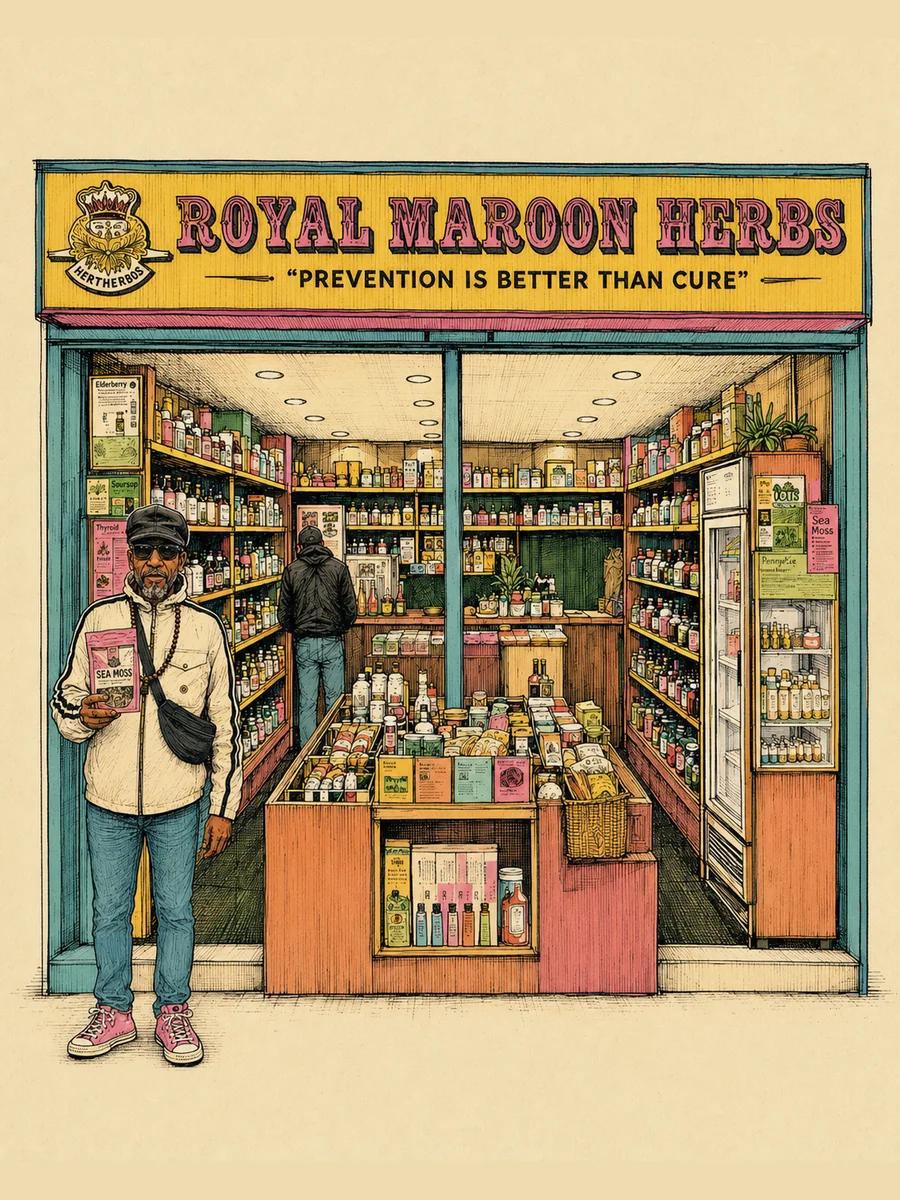 Illustrated shopfront of Royal Maroon Herbs, Unit 24 at Rye Lane Market