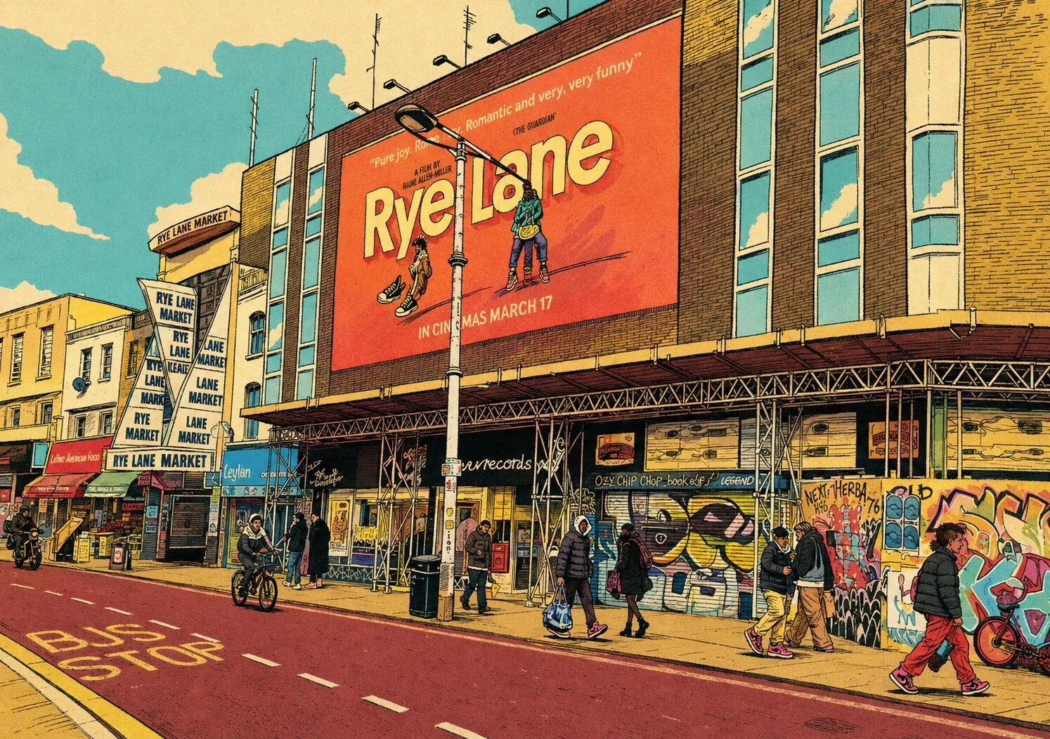 Rye Lane street view with the Rye Lane Market sign and the Rye Lane film billboard